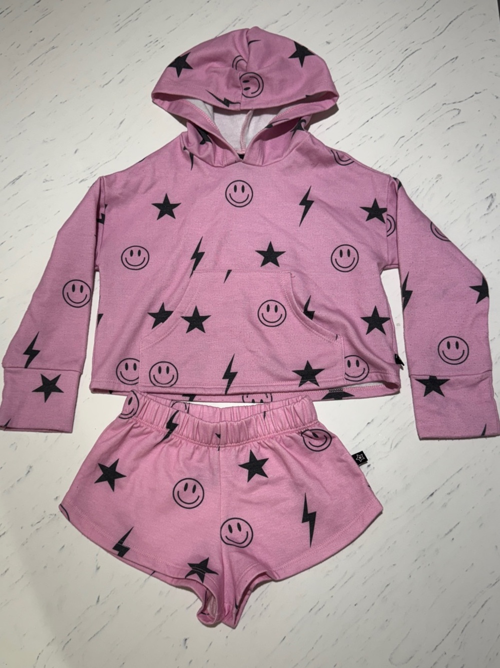 Pixielane Girls Pink Smiley Star Bolt Hoodie Sweatshirt & Shorts Set 4T